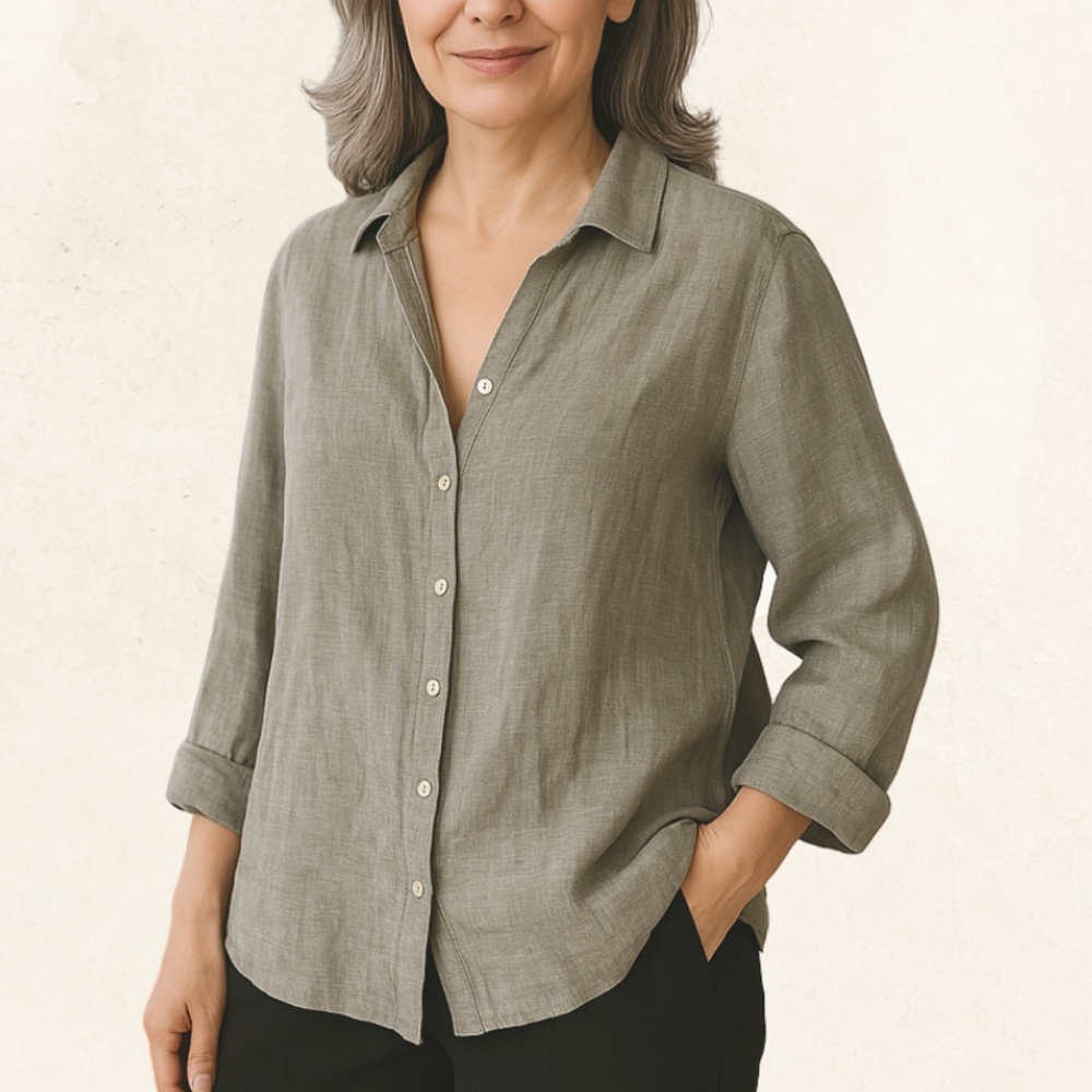 Foxcroft NYC Linen Long Sleeve Button Down Top in Olive - Large